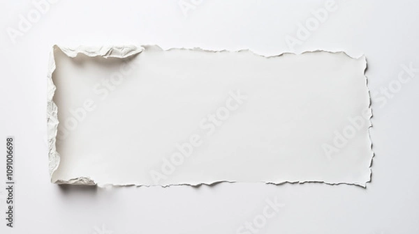 Fototapeta A piece of white paper with torn edges, placed on the left side against a clean background. 