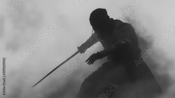 Fototapeta A silhouetted figure wielding a sword amidst a smoky backdrop, evoking a sense of mystery.