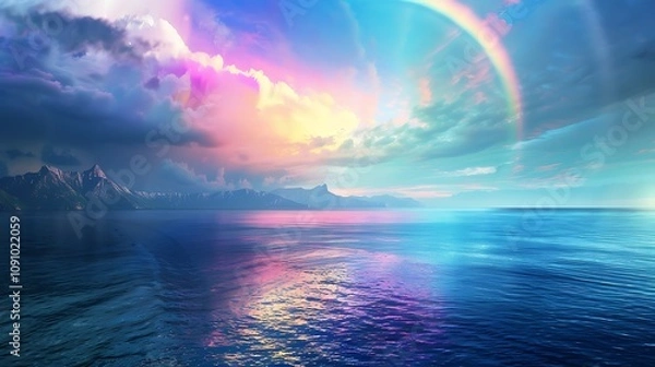 Fototapeta A vibrant seascape featuring colorful clouds, a rainbow, and serene waters reflecting the sky's hues.