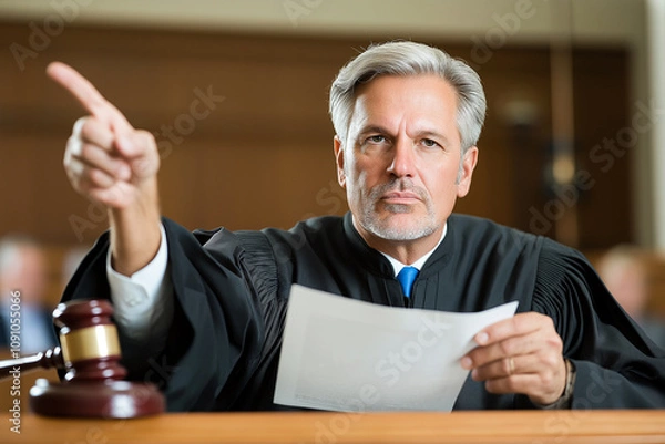 Fototapeta court judge reading paper and pointing with wooden gavel nearby, conveying authority