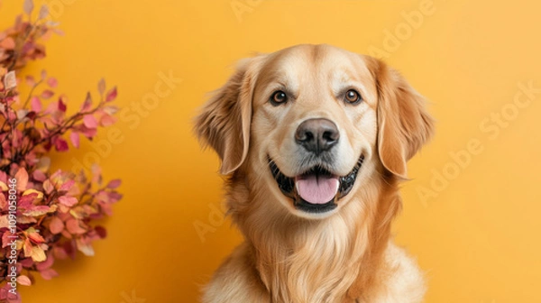 Fototapeta Golden Retriever Portrait: A heartwarming portrait of a golden retriever,  its playful spirit and gentle gaze captured against a vibrant yellow backdrop. This image evokes warmth, joy.