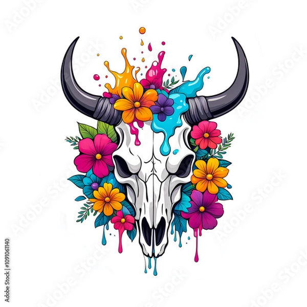 Obraz illustration of bull skull surrounded by colorful flowers on white background.