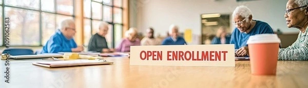 Obraz Seniors in a community center attending an enrollment workshop, bright setting,  "OPEN ENROLLMENT"  banner for outreach visuals