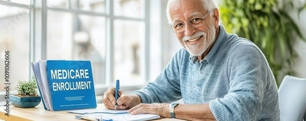 Obraz Smiling older man writing notes beside a Medicare guide, well-lit desk,  "MEDICARE ENROLLMENT"  banner for encouraging themes