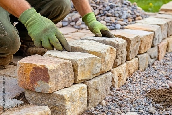 Fototapeta Man Working in Garden Laying Stone Blocks for Dry Stone Wall Landscaping