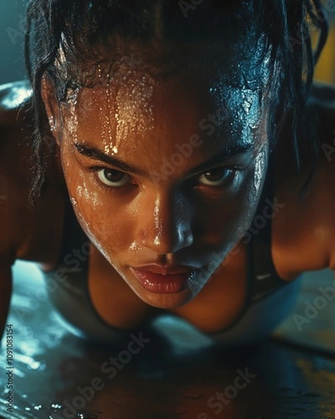 Fototapeta A determined young woman with sweat on her face, performing push-ups in a gym setting.