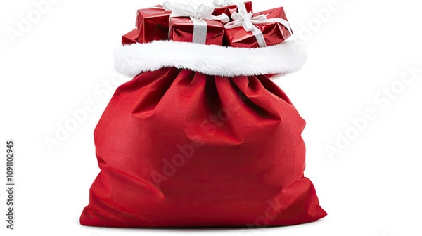 Obraz Santa Claus red bag full of Christmas boxes with gifts isolated