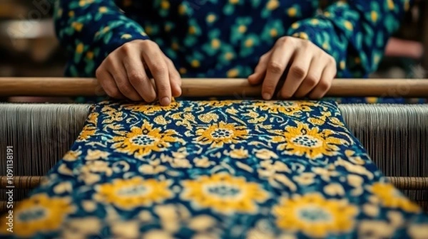 Obraz Artisan weaving process traditional workshop craft cultural heritage close-up handcrafted textiles for sustainable living