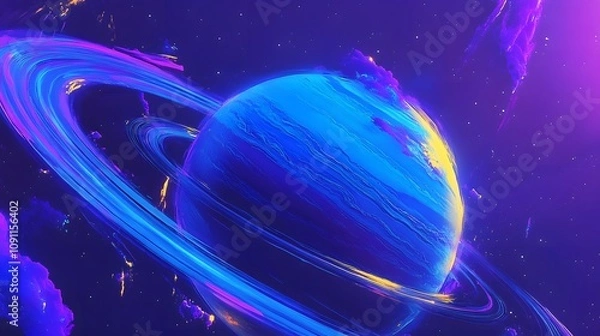 Fototapeta Abstract wallpaper for a mobile phone, featuring vibrant blue and purple hues with yellow brush strokes in the style of Planet Saturn