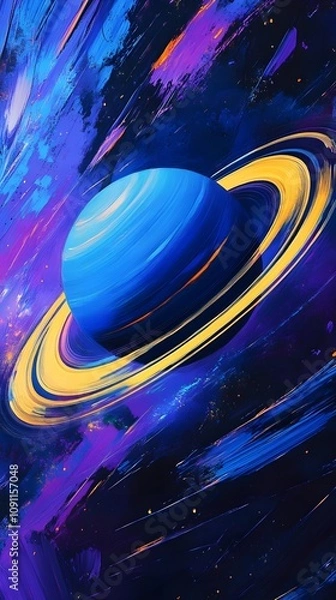 Fototapeta Abstract wallpaper for a mobile phone, featuring vibrant blue and purple hues with yellow brush strokes in the style of Planet Saturn