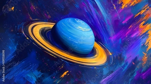 Fototapeta Abstract wallpaper for a mobile phone, featuring vibrant blue and purple hues with yellow brush strokes in the style of Planet Saturn