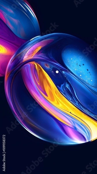 Fototapeta Abstract wallpaper for a mobile phone, featuring vibrant blue and purple hues with yellow brush strokes in the style of Planet Saturn