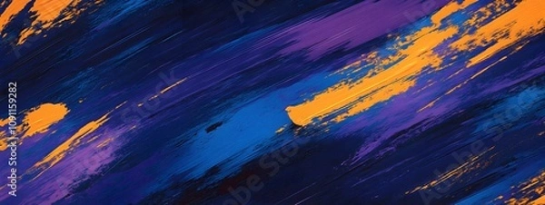 Fototapeta Abstract wallpaper for a mobile phone, featuring vibrant blue and purple hues with yellow brush strokes in the style of Planet Saturn