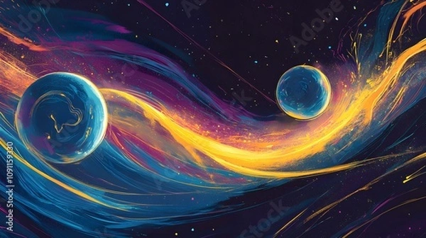 Fototapeta Abstract wallpaper for a mobile phone, featuring vibrant blue and purple hues with yellow brush strokes in the style of Planet Saturn