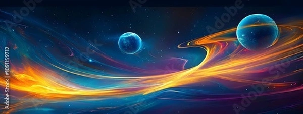 Fototapeta Abstract wallpaper for a mobile phone, featuring vibrant blue and purple hues with yellow brush strokes in the style of Planet Saturn