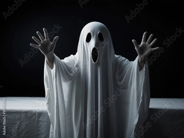 Fototapeta halloween ghost evil spooky scream face in white sheet reaches out with hands dark background