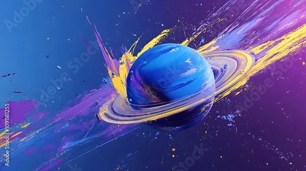 Fototapeta Abstract wallpaper for a mobile phone, featuring vibrant blue and purple hues with yellow brush strokes in the style of Planet Saturn