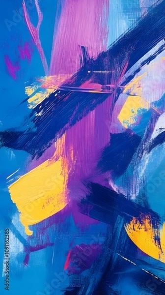 Fototapeta Abstract wallpaper for a mobile phone, featuring vibrant blue and purple hues with yellow brush strokes in the style of Planet Saturn