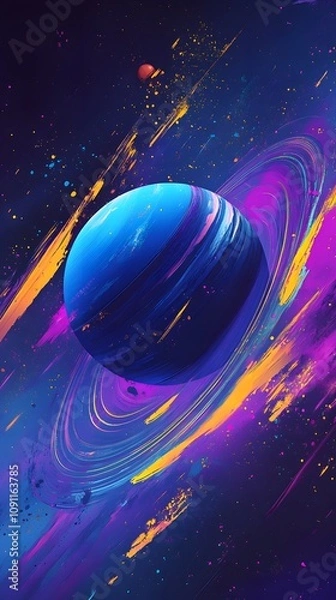 Fototapeta Abstract wallpaper for a mobile phone, featuring vibrant blue and purple hues with yellow brush strokes in the style of Planet Saturn
