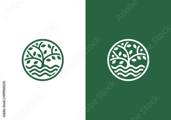 Fototapeta nature line art logo vector design oak tree with water inside circle, abstract tree logo symbol inside circle