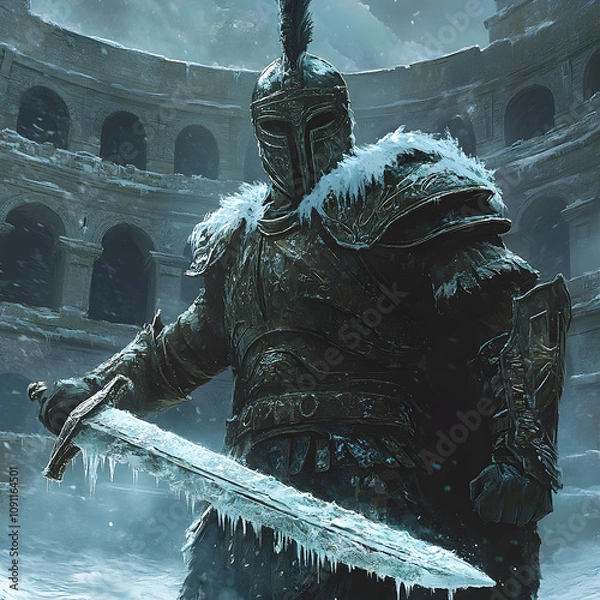 Fototapeta Majestic Warrior in Frosty Armor Brandishing an Icy Sword in an Ancient Colosseum Surrounded by a Wintry Landscape Under a Gloomy Sky