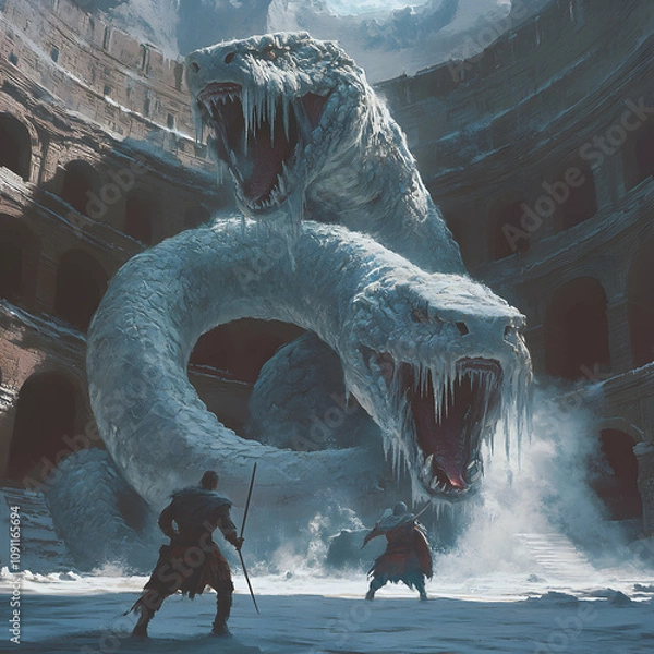 Fototapeta Epic Battle between Warriors and a Mythical Two-Headed Serpent in a Snowy Colosseum Setting, Capturing the Clash between Heroism and Monster Fear in a Fantasy Realm