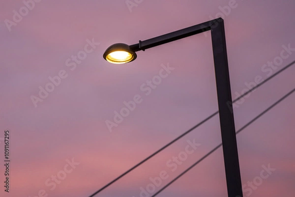 Obraz Single Streetlight Against a Pink Sky - Twilight, Dusk, Evening, Nightfall, Illumination, Light, Darkness, Transition, Change, Hope, Guidance, Direction, Solitude, Loneliness, Isolation, Urban Landsca