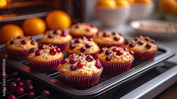 Obraz Glowing oven with cranberryorange muffins baking fresh cranberries and oranges scattered across the countertop with mixing bowls and baking trays neatly placed
