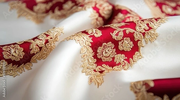 Obraz Elegant red and gold embroidered fabric close-up textile art soft lighting detailed craftsmanship luxury concept