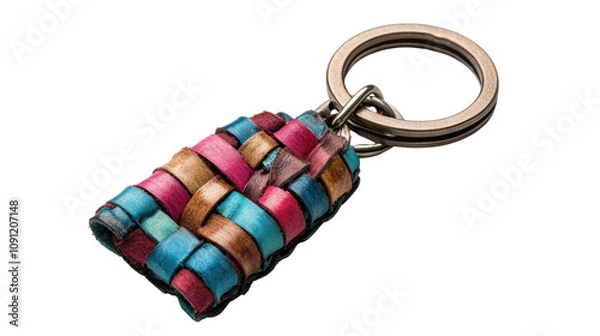 Fototapeta Colorful woven keychain on a white isolated background.