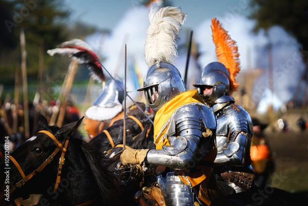 Fototapeta Prince of Orange in armor, costumes playing siege. Historical event. Action scene. knight leads the battlefield riding on his horse
