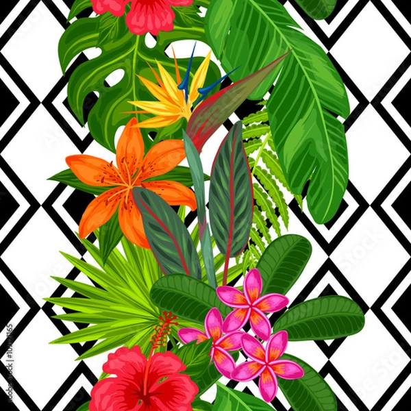 Fototapeta Seamless pattern with tropical plants, leaves and flowers. Background made without clipping mask. Easy to use for backdrop, textile, wrapping paper