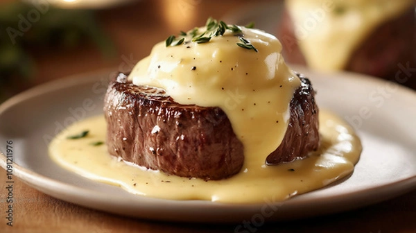 Fototapeta A plate of filet mignon with truffle sauce, a creamy and smooth yellowish-beige cheese sauce served on top of the steaks. The sauce has been carefully prepared. Her presentation is elegant, showcasing