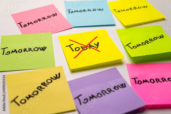 Fototapeta Colored card, with the word Today, crossed out, and next to it cards with the word Tomorrow. Procrastination and postponement.