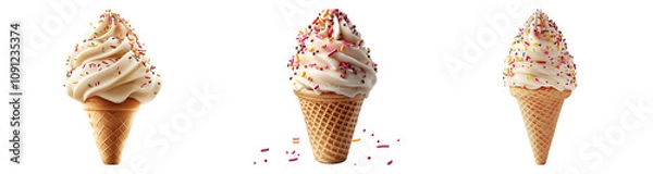 Obraz Three Ice Cream Cones with Sprinkles on Transparent Background