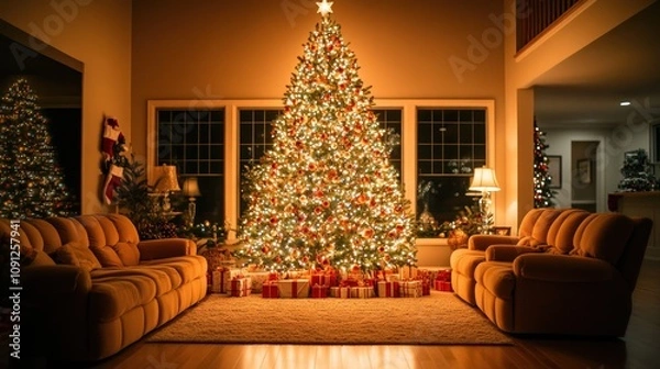 Fototapeta A large, decorated Christmas tree stands in a living room with presents underneath and two couches in front of it.
