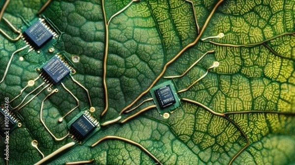 Obraz Close-up view of green leaf with microchip patterns