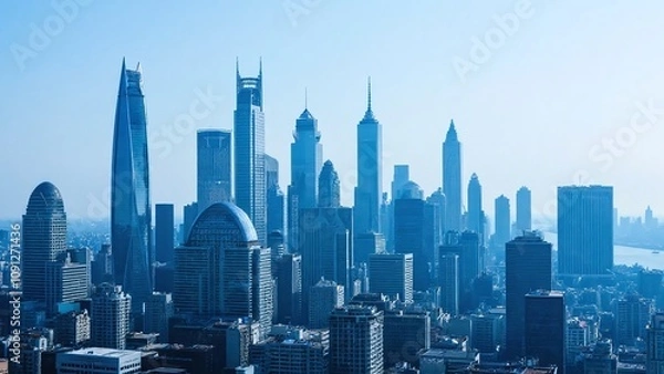 Fototapeta Modern cityscape from high vantage point in monochromatic blue