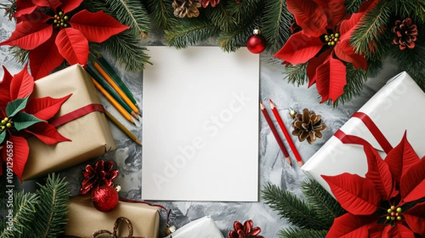 Fototapeta Festive New Year Christmas Holiday Crafting Scene Mock up with Blank Canvas, colored pencils, poinsettias, evergreen fir-tree branches on gray wooden background