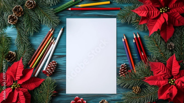 Fototapeta Festive New Year Christmas Holiday Crafting Scene Mock up with Blank Canvas, colored pencils, poinsettias, evergreen fir-tree branches on blue wooden background
