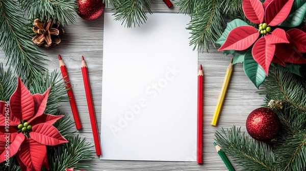 Fototapeta Festive New Year Christmas Holiday Crafting Scene Mock up with Blank Canvas, colored pencils, poinsettias, evergreen fir-tree branches on gray wooden background
