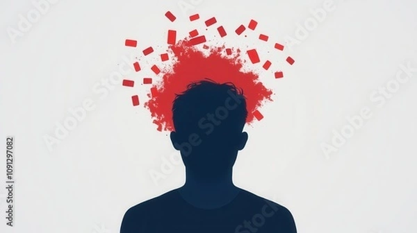 Fototapeta A silhouette of a person with a burst of red color above their head, symbolizing creativity, ideas, or mental overload.