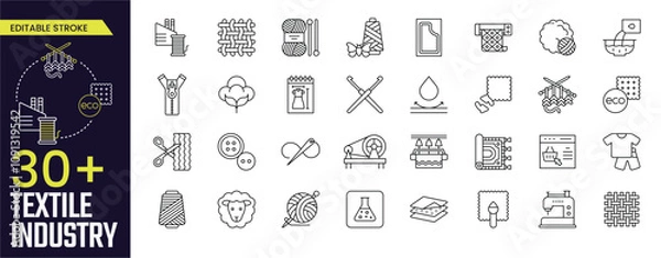 Obraz Textile Industry Stroke icon collections. Containing sewing, fabric, industry, machine, fashion, fiber, wool, and business icons. Editable Stroke icon collection Outline icon
