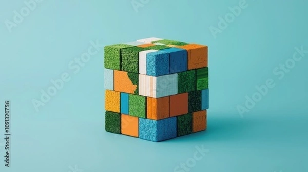 Fototapeta A colorful cube made of textured blocks, arranged in a playful pattern, set against a light blue background.