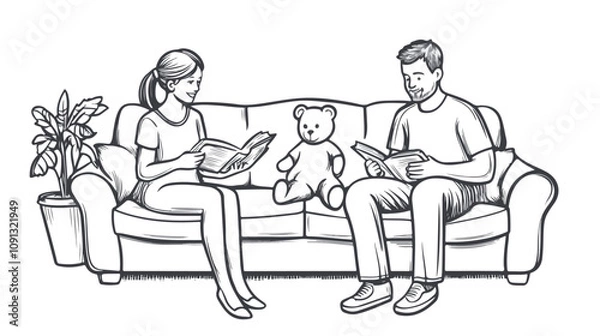 Obraz Parenting Moment: Mother Giving Toy to Happy Kid while Father Reads Book