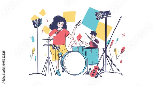 Obraz Music Bloggers Streaming with Woman and Child