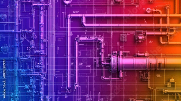 Fototapeta Brightly colored schematic of oil rig operation with pipes and valves