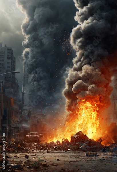 Fototapeta Fire in the city. Apocalypse. Generative AI