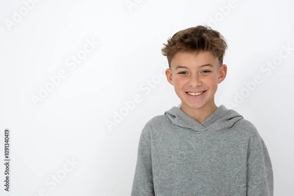 Obraz cool young 12 year old boy with grey hoody sweater posing in front of white background, having fun