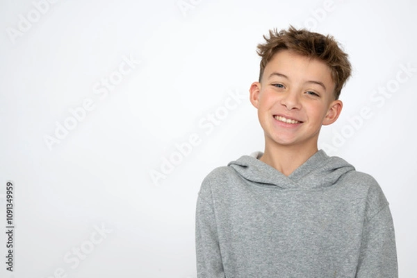 Obraz cool young 12 year old boy with grey hoody sweater posing in front of white background, having fun